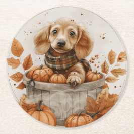 Porta-copo De Papel Redondo Autumn Dachshund Dogs Pumpkin
