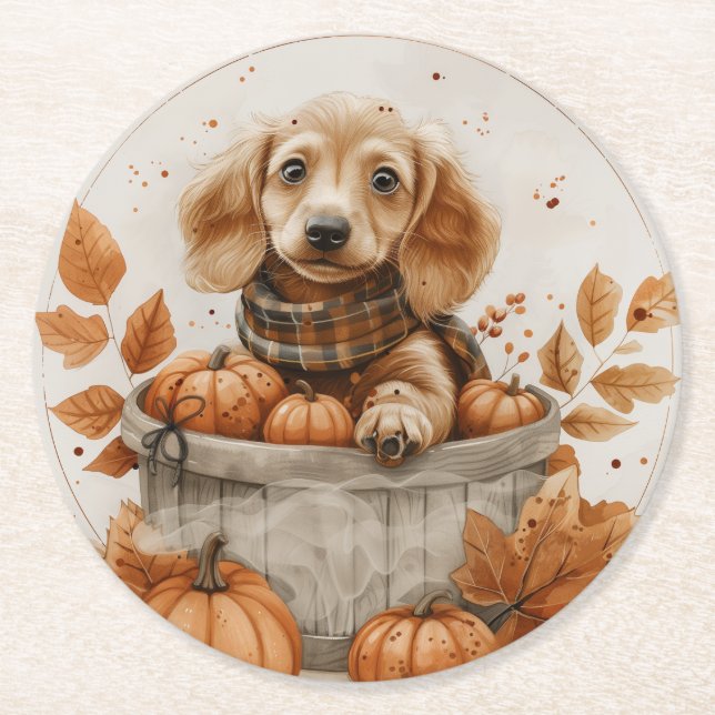 Porta-copo De Papel Redondo Autumn Dachshund Dogs Pumpkin (Frente)