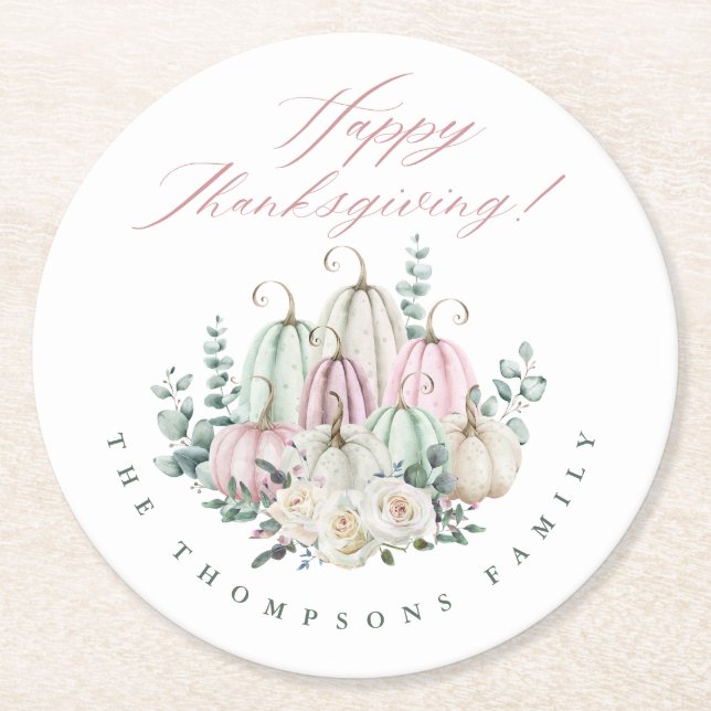 Porta-copo De Papel Redondo Autumn Floral Pumpkin Ação de Graças (Frente)