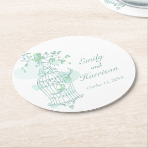 Porta-copo De Papel Redondo Aves verdes e brancas abrem portas copos de casame