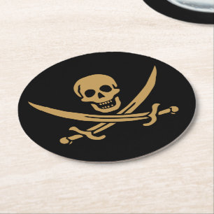 Porta-copo De Papel Redondo Aztec Dourado Crânio e Cutlass Pirata Calico Jack
