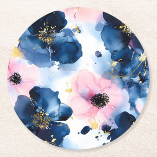 Porta-copo De Papel Redondo Azul Marinho Rosa Bege Dourado Floral Aquarela