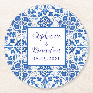 Porta-copo De Papel Redondo Azulejos Portugueses Casamento Azul Mediterrâneo