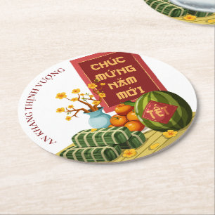 Porta-copo De Papel Redondo Banh Chung Melancia & Hoa Mai Tet Vietnamita