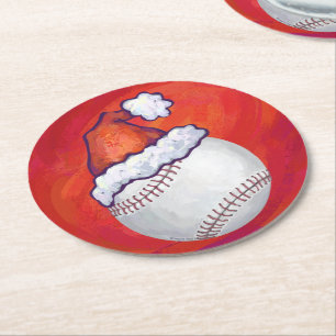 Porta-copo De Papel Redondo Baseball com Santa Hat em Vermelho