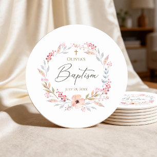 Porta-copo De Papel Redondo Batismo Floral Rosa Cor-de-Rosa Menina