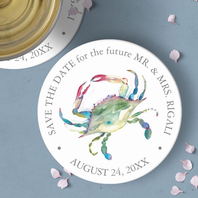 Porta-copo De Papel Redondo Beach Wedding Blue Crab Salve a data (save the date beach wedding watercolor blue crab unique art by Victoria Grigaliunas)