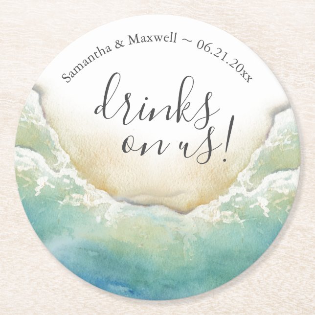 Porta-copo De Papel Redondo Beach Wedding Ocean Shore Custom Drink Coasters (Frente)