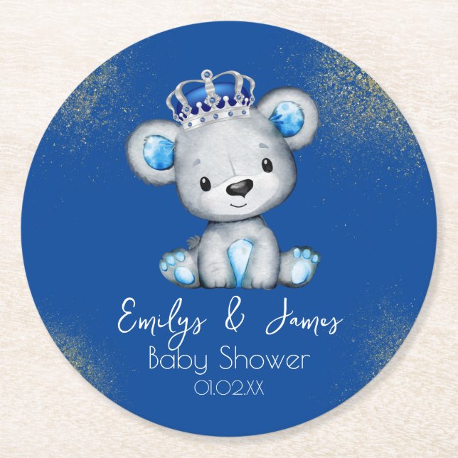Porta-copo De Papel Redondo Bear Chá de fraldas Prince Sparkly Blue Boys (Frente)