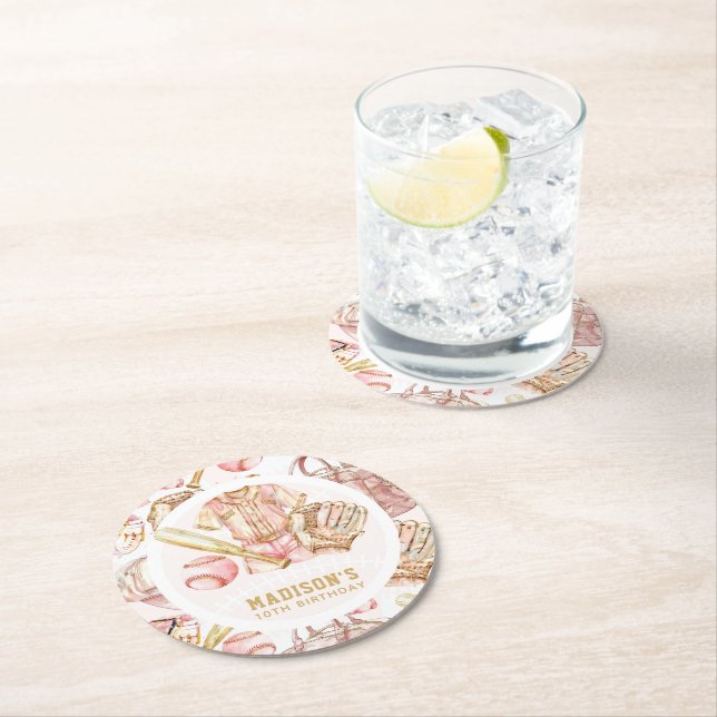 Porta-copo De Papel Redondo Beisebol de aniversariado de Garota Personalizada (Insitu)