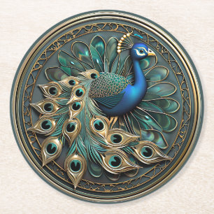 Porta-copo De Papel Redondo Belo Pavão Azul Dourado Turquesa Art Déco  