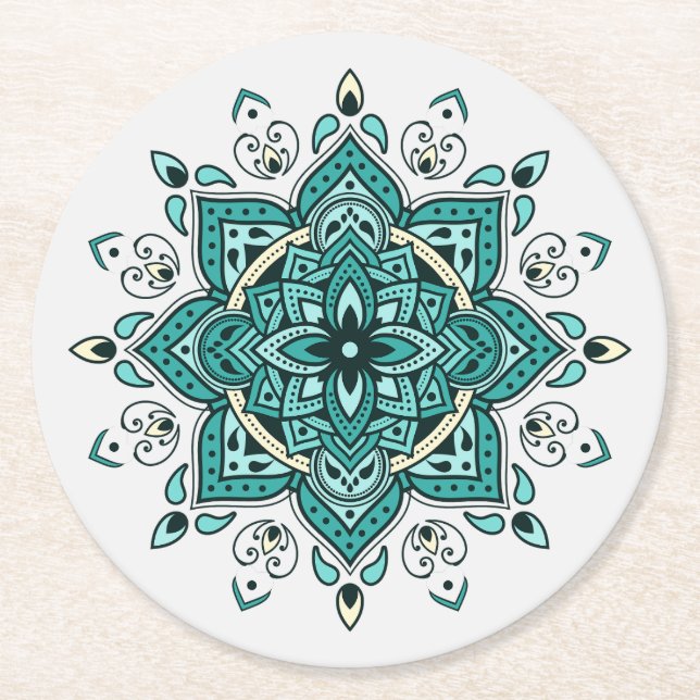 Porta-copo De Papel Redondo Belo Turquoise Mandala design (Frente)