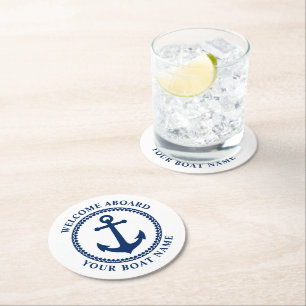 Porta-copo De Papel Redondo Bem-vindo Ao Navio Nome Mar Âncora Azul Rou Branc