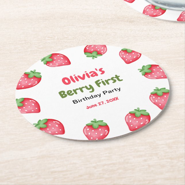 Porta-copo De Papel Redondo Berry First Birthday Strawberry primeiro aniversar (Angulado)