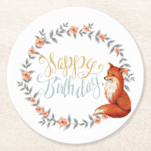Porta-copo De Papel Redondo Birthday Fox Wreath