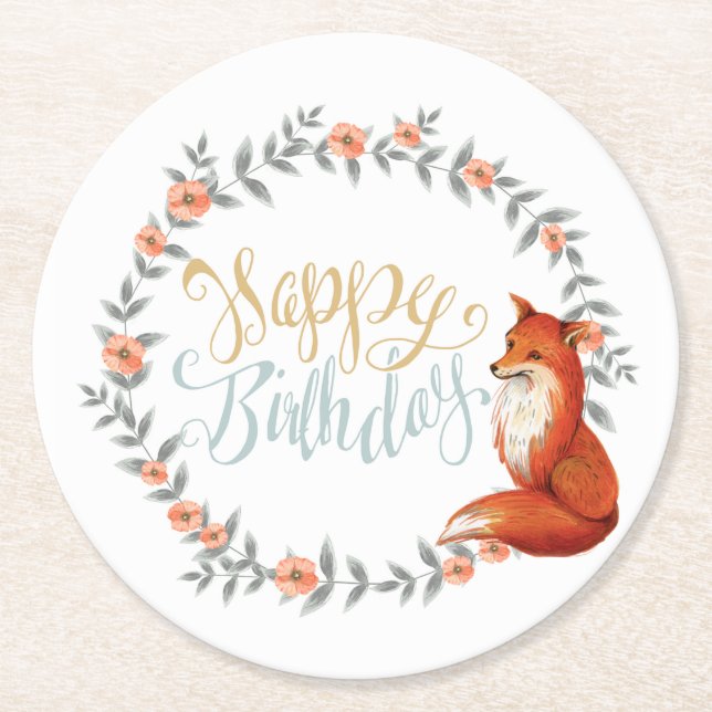 Porta-copo De Papel Redondo Birthday Fox Wreath (Frente)