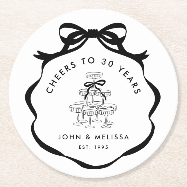 Porta-copo De Papel Redondo Black Coquette Bow Cheers Champagne Tower (Frente)