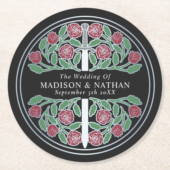 Porta-copo De Papel Redondo Black Royal Medieval Silver Sword Wedding (Frente)