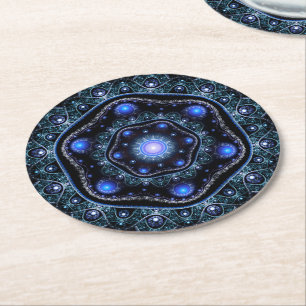 Porta-copo De Papel Redondo Blue Black Tek Lace Boho Fractal Mandala