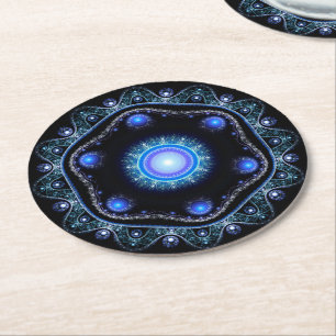 Porta-copo De Papel Redondo Blue Black Tek Lace Boho Fractal Mandala
