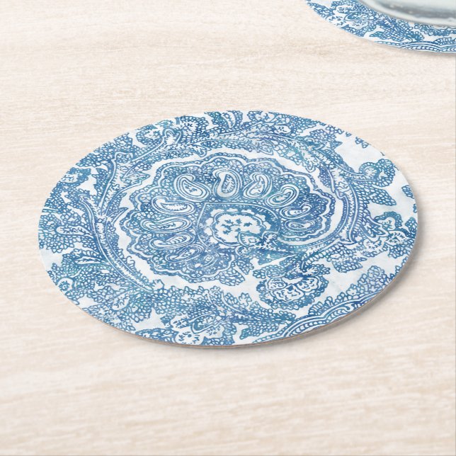Porta-copo De Papel Redondo Blue Boho Paisley Pattern (Angulado)