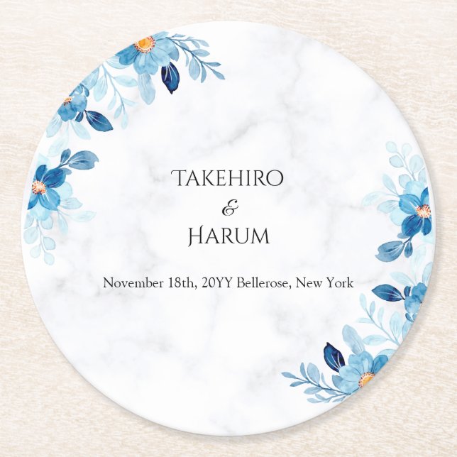 Porta-copo De Papel Redondo Blue Elegant flower summer wedding (Frente)