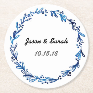 Porta-copo De Papel Redondo Blue Floral Wreath