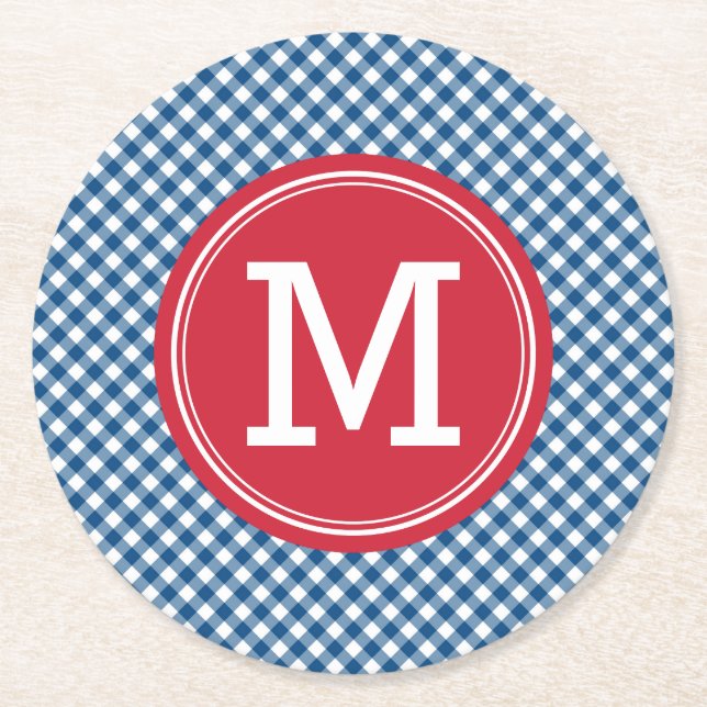Porta-copo De Papel Redondo Blue Gingham Country Chic Personalize Monograma (Frente)
