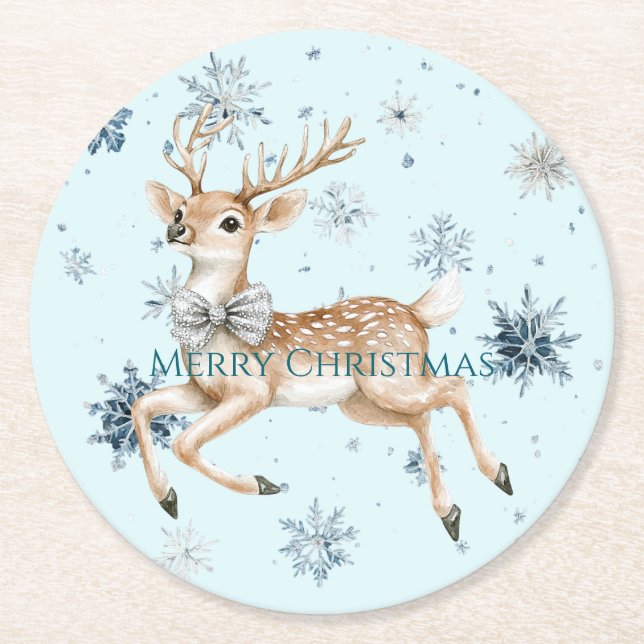 Porta-copo De Papel Redondo Blue Snowflakes Christmas Deer with Bow (Frente)