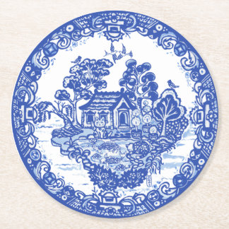 Porta-copo De Papel Redondo Blue Willow Lucky Cat Koi Pond China Templo Único