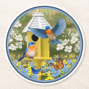 Porta-copo De Papel Redondo Bluebird e Casa Branca Amarela