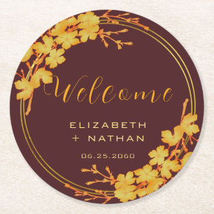 Porta-copo De Papel Redondo Boas-vindas ao Dourado Casamento Floral Clássico d