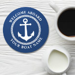 Porta-copo De Papel Redondo Boat Name Sea Anchor Marinho Rota Azul<br><div class="desc">Um conjunto de portas copos de papel temático na moda náutico com boas-vindas a bordo e seu nome de barco personalizado ou outro texto desejado. Possui uma âncora marítima projetada por medida com trim de diamante. É apresentado em branco em azul-marinho ou muda facilmente a cor base para corresponder à...</div>
