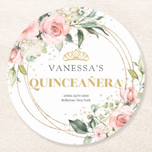 Porta-copo De Papel Redondo Boho Blush cor-de-rosa dourado tiara sábado Quince