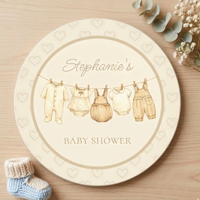 Porta-copo De Papel Redondo Boho Laundry Line Baby Shower (Gender neutral baby shower drink coaster.)