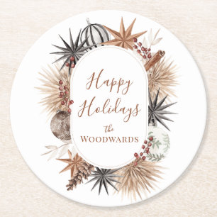Porta-copo De Papel Redondo Boho Natal Botânico Personalizado