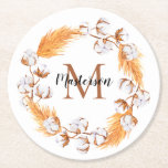 Porta-copo De Papel Redondo Boho Pampas Grass | Monograma De Algodão<br><div class="desc">Poa rustica de Boho e outras gramíneas secas com pântanos de algodão,  coroa rústica e elegância. Pronto para monograma com seu nome e inicial. Design composto por Holiday Hearts Design (direitos reservados).</div>