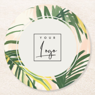 Porta-copo De Papel Redondo Boho Rubor Folhas de Palma Tropical Verde Logotipo