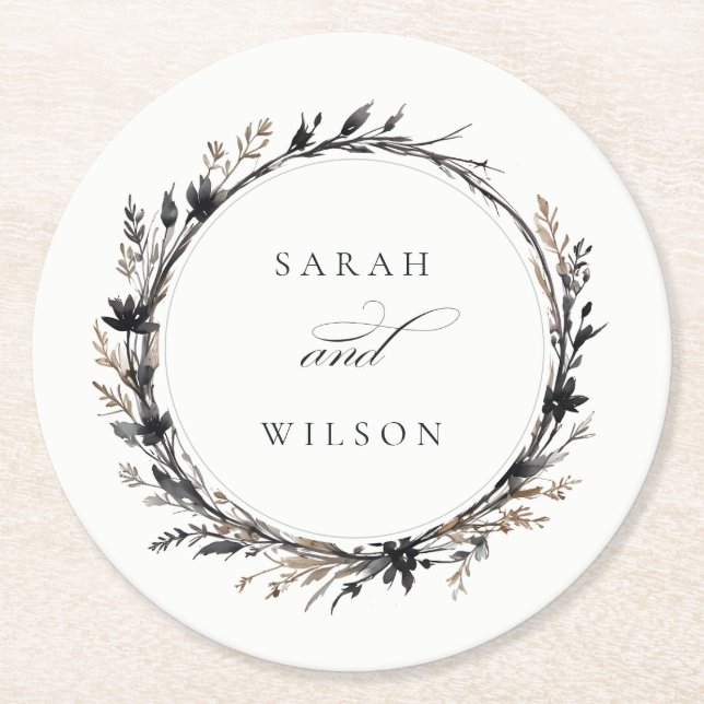 Porta-copo De Papel Redondo Boho Wildflower Black Brown Fall Wreath Casamento (Frente)