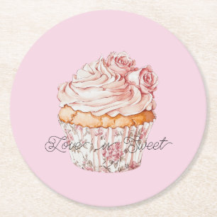 Porta-copo De Papel Redondo Bolo Floral de Rosas Rosa Chá de Noiva