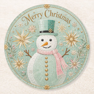 Porta-copo De Papel Redondo Boneco de Neve Mosaico de Menta Alegria de Natal