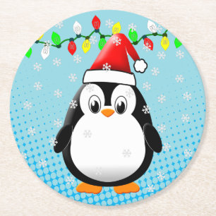 Porta-copo De Papel Redondo Bonita Cartoon Penguin Santa Hat Luzes de Natal