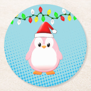 Porta-copo De Papel Redondo Bonita Cartoon Penguin Santa Hat Luzes de Natal