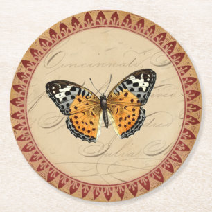 Porta-copo De Papel Redondo Borboleta Botânica Vintage com Acentos de Borgonha