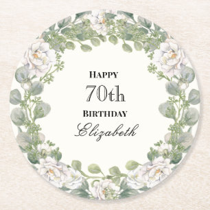 Porta-copo De Papel Redondo Borda Floral Elegante Aniversário de 70 anos Perso
