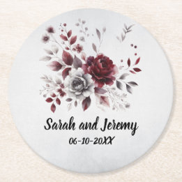 Porta-copo De Papel Redondo Bordô Escuro Cinza Prata Floral Personalizado Aqua