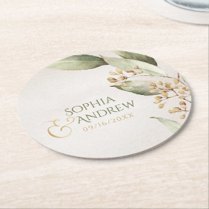 Porta-copo De Papel Redondo Botanical greenery vintage rustic wedding monogram