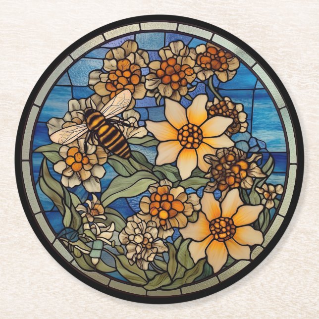 Porta-copo De Papel Redondo Bumblebee de vidro manchado (Frente)