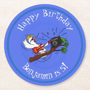 Porta-copo De Papel Redondo Cacatua engraçado tocando guitarra de rock desenho