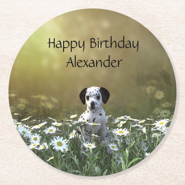 Porta-copo De Papel Redondo Cachorro Dalmaciano em Daisies (Frente)